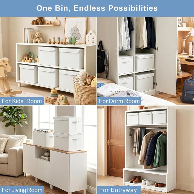 Large 17" 42 Quarts Collapsible Stackable Storage Bins with Lids [3-Pack] Foldable Fabric Linen Storage Boxes Cube, Closet Organizer Baskets with Label (16.7 x 12 x 12, White)