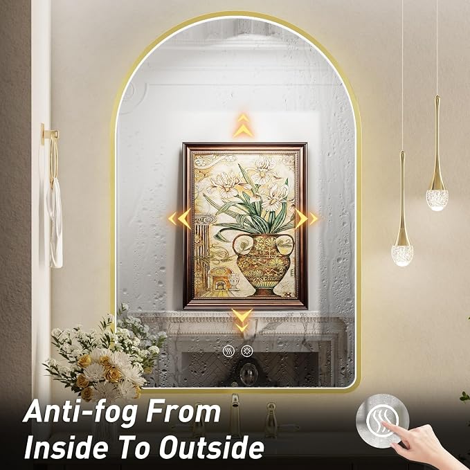 40X30 Inch Gold Framed Arched LED Mirror for Bathroom,ETL Listed | Anti-Fog,3000K/4500K/6000K Dimmable,Horizontal & Vertical,Wall Mounted,Memory Function,Ideal for Bathroom,Vanity