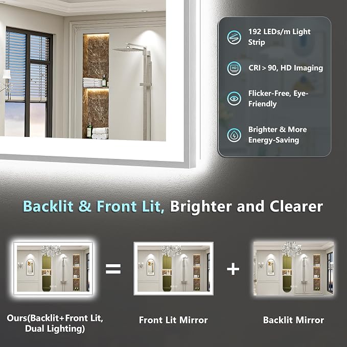 84x32 Inch Brushed Nickel LED Bathroom Mirror, Backlit & Front Lit | Silver Framed Anti-Fog Lighted Vanity Mirror with Lights, 3 Color Dimmable, Memory, HD Tempered Glass, CRI95, IP54, UL Listed