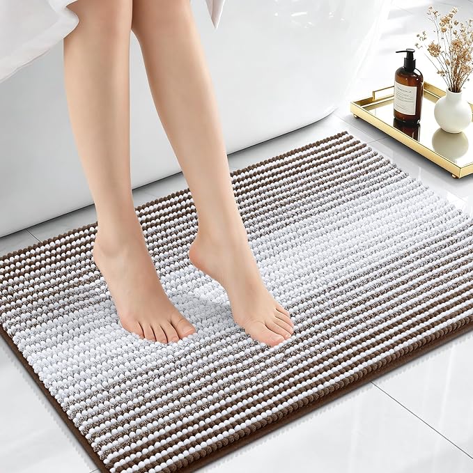 OLANLY Small Bathroom Rugs 24x16, Soft Chenille Striped Bath Rugs, Brown | Extra Absorbent, Rubber Backing, Machine Wash Dry, Bath Mats for Bathroom Floor, Tub and Shower, Home Decor Accessories