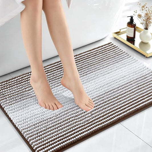 OLANLY Small Bathroom Rugs 24x16, Soft Chenille Striped Bath Rugs, Brown | Extra Absorbent, Rubber Backing, Machine Wash Dry, Bath Mats for Bathroom Floor, Tub and Shower, Home Decor Accessories