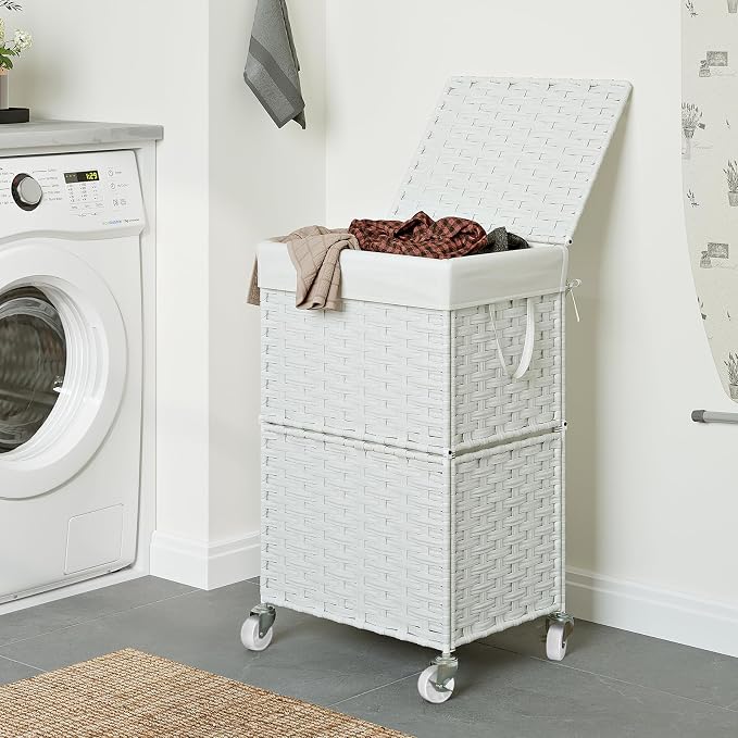 Chrislley Wicker Laundry Basket with Wheels,Rolling Laundry Hamper with Lid | 90L Slim Clothes Hamper with Wheels & Removable Liner Bag, Handwoven Rattan Laundry Organizer for Bedroom, Bathroom, White