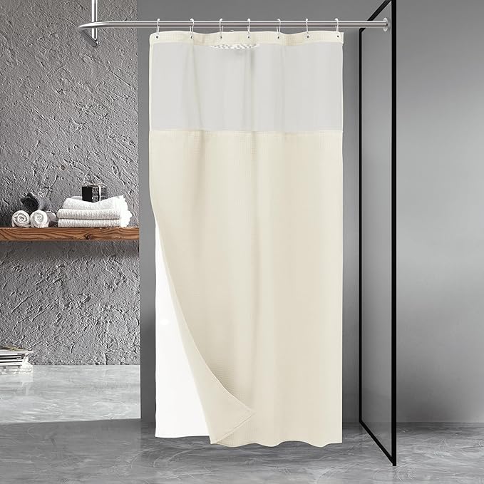 N&Y HOME Stall Waffle Weave Shower Curtain with Snap-in Liner Cream 36x72 | 12 Hooks & Snap on Fabric Liner, Washable, Mesh Window, Hotel Style, 36 x 72 Small Shower Stall Size Curtain Set for Bathroom