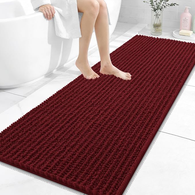 OLANLY Bathroom Runner Rugs 59x24, Thick Soft Absorbent Chenille Bath Rugs | Burgundy, Quick-Drying Rubber Backing, Long Shaggy Bath Mat, Washable for Floor, Tub and Shower, Home Decor Accessories