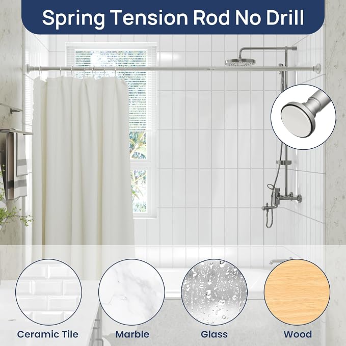 ENJOYBASICS 1" Nickel Shower Curtain Rod, 30-64" Adjustable, Secure Tension | Easy No-Drill Installation, No Tools, No Gaps, Sturdy Rust-Resistant Steel, Sag-Resistant Design, Tubs, RVs, Apartments