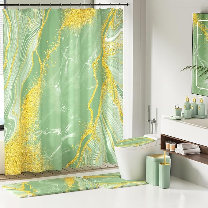 21PCS Bathroom Sets with Shower Curtain and Rugs Bathroom Accessories Set Dark Green Bathroom Set Complete with Trash Can, Toilet Brush, Qtip Holder & 3PCS Soap Dispenser