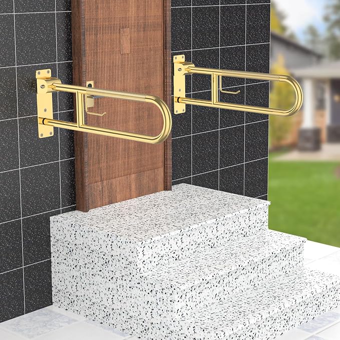 Flip Down Toilet Grab Bar 32 Inch Gold, Munzong Anti-Slip Handicap Grab Bar | with Paper Holder Flip-Up Bathroom Safety Rails Stainless Steel Knurled Support handrails for Seniors Elderly Disabled