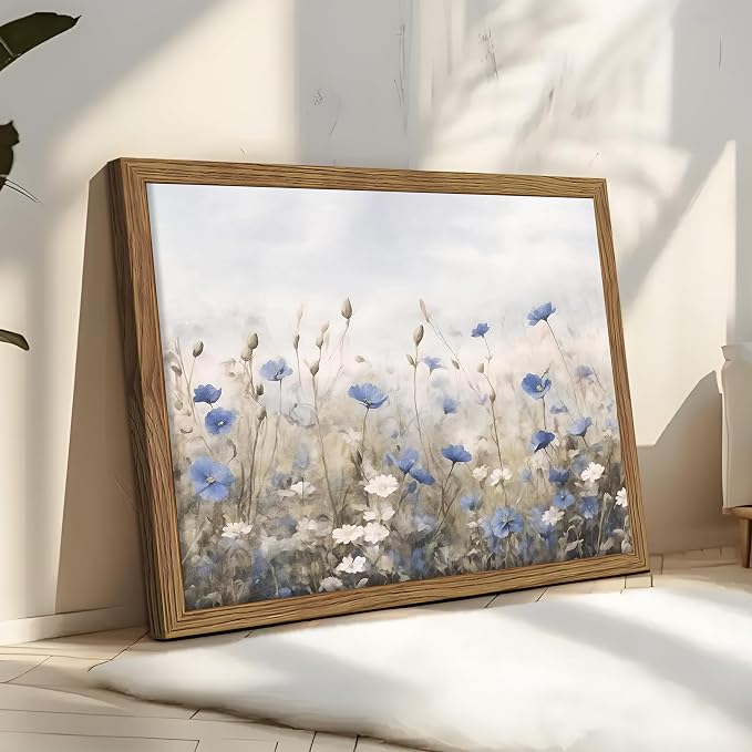 Vintage Floral Wall Art, Blue White Wildflower Botanical Canvas Wall Decor, Nature Landscape Artwork Painting, Rustic Farmhouse Flower Prints Pictures for Bedroom Living Room 12x16 Inch Framed