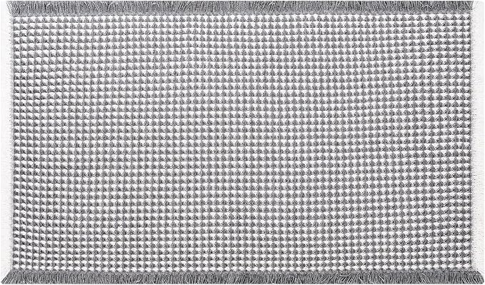 Waffle Bath Mat, Boho Bathroom Rugs Non Slip Washable, 20" x 48" | Super Absorbent Quick Dry Bath Mat, Boho Bathroom Mats, Soft Waffle Weave Farmhouse Bathroom Decor, Dark Grey and White