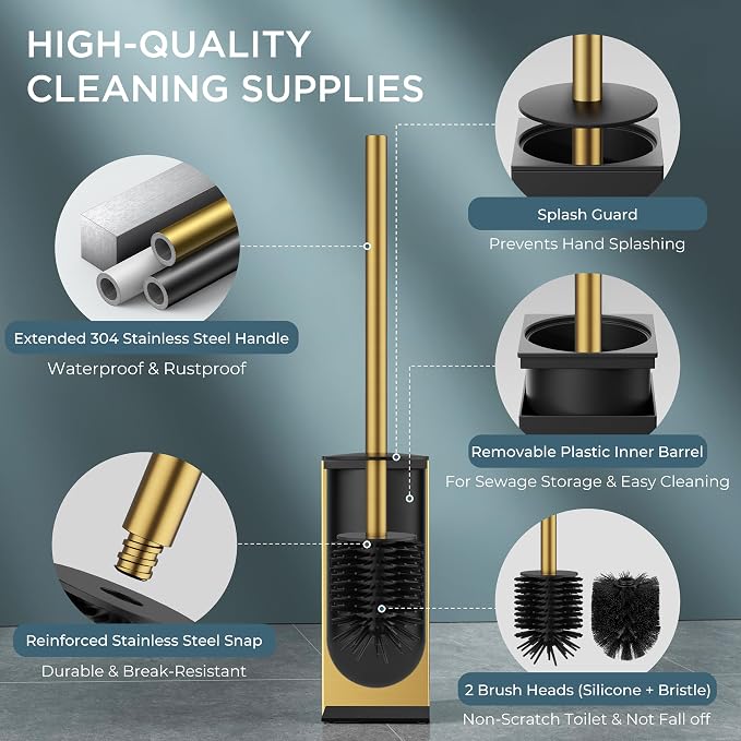 FORIOUS Toilet Brush, 2 Toilet Bowl Brush Head Square Short Gold | Heavy Duty 304 Stainless Steel Base, Silicone and Plastic Brush Heads, 360° Deep Cleaning, Drip-Proof, Splash-Proof Design