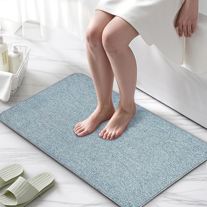 Upgraded Bath Mat 19x30Inch, Thin Bath Mats Rugs with Rubber Backing Non-Slip, Absorbent,Quick Dry Machine Washable, Home Decor Accessories Cozy Cloth Bathroom Rugs fit Under Door/Sink/Tub/Shower-Blue