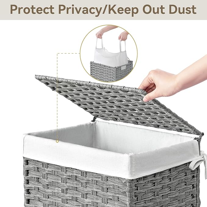 Chrislley Wicker Laundry Basket with Wheels,Rolling Laundry Hamper with Lid | 90L Slim Clothes Hamper with Wheels & Removable Liner Bag, Handwoven Rattan Laundry Organizer for Bedroom, Bathroom, Grey
