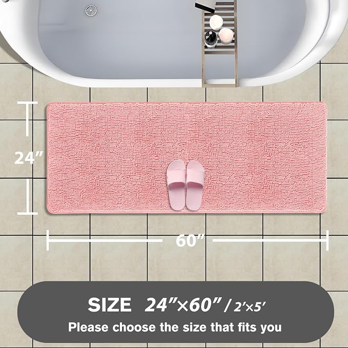 Bathroom Runner Rug 24 x 60 Inch – Extra Large Long Bath Mat | Absorbent and Washable Thick Chenille Bath Rug Non-Slip Runner Rug for Bathroom, Shower, Sink(Pink)