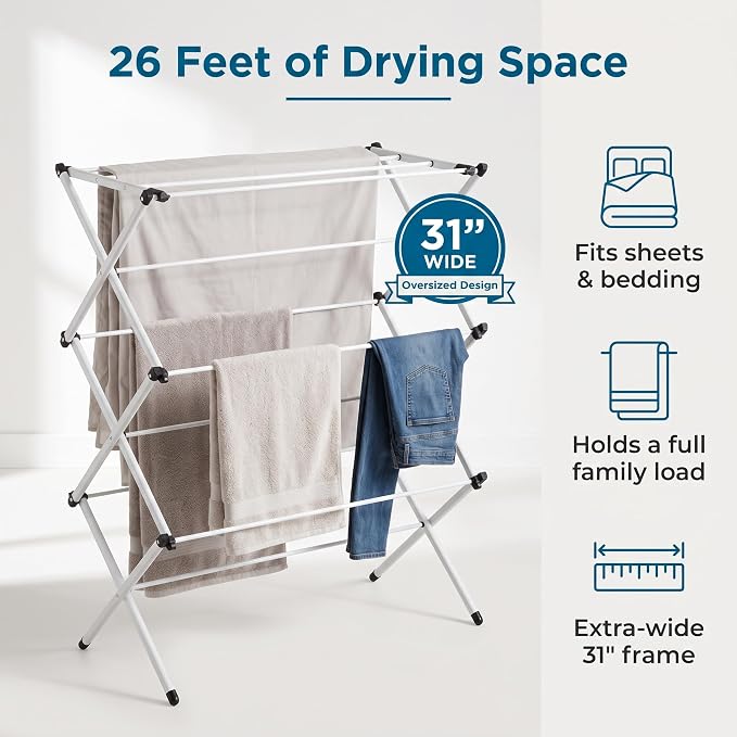 Honey-Can-Do 3-Tier Oversized Clothes Drying Rack, 31" Wide, No Assembly | Oversized 31" x 42" rack with 26 ft of drying space for bedding and large loads. Sturdy metal frame folds flat fast.