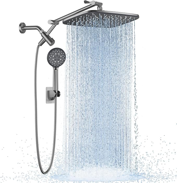 Veken Gunmetal Gray 11.8" High Pressure Shower Head with Handheld, Durable | Handheld Shower with Multi Spray Modes, Rainfall Combo with 15" Metal Extension Arm, Detachable Dual Shower, Bathroom Decor