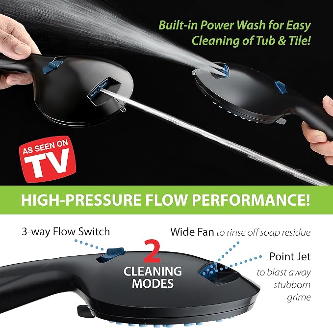 AquaCare High Pressure 8-mode Handheld Shower Head - Anti-clog Nozzles, Built-in Power Wash to Clean Tub, Tile & Pets, Extra Long 6 ft. Stainless Steel Hose, Wall & Overhead Brackets | Stay Clean Nozzles, Dual Power Wash for Tub, Tile & Pets, Long 6 ft...