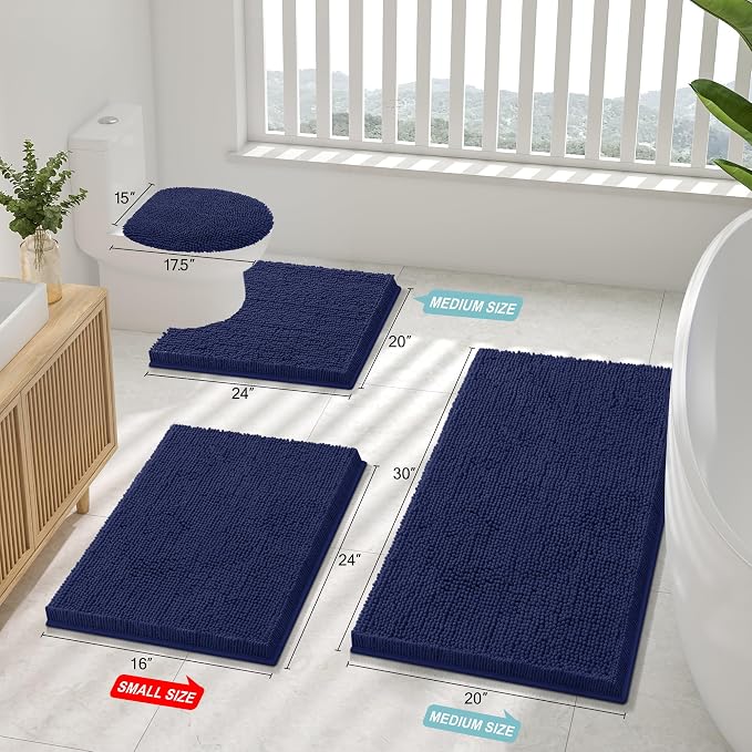Smiry Luxury Chenille Bathroom Rugs 30x20, Extra Soft and Absorbent Shaggy Bath Mat, Machine Washable, Non-Slip Plush Carpet Runner for Tub, Shower, and Floor, Home Decor Accessories, Navy Blue | Navy Blue, Machine Washable Non-Slip Plush Bath Mats for...
