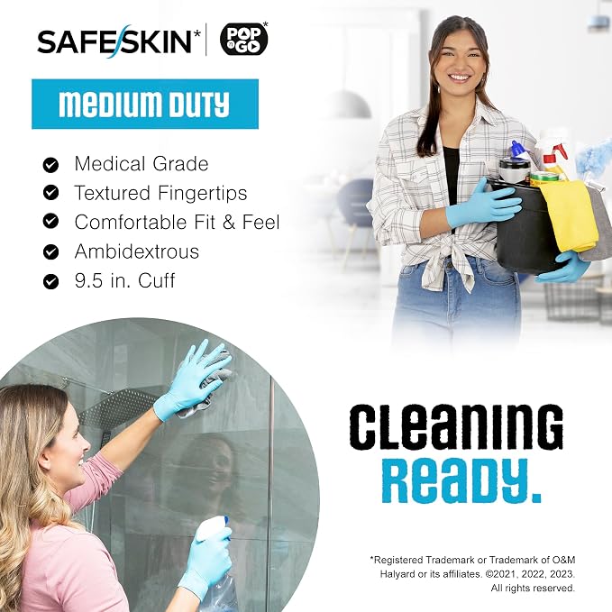 SAFESKIN Disposable Nitrile Gloves in POP-N-GO Pack (50 or 200 Count) Medium Duty, Powder-Free -Cleaning, Gardening, Crafts