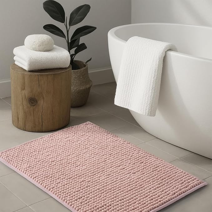 FRESHMINT Thick Chunky Chenille Bathroom Rug, Dusty Pink, 20"x32" | Non-Slip Backing, Water Absorbent Surface, Machine Washable Care, Cushioned Comfort, Bathroom Floor Use