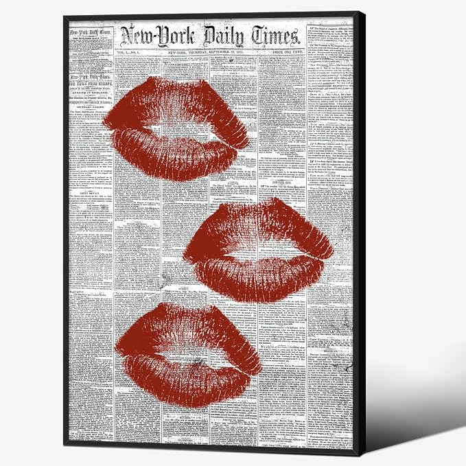 Black White Newspaper Canvas Wall Art Fashion Red Kiss Lips Aesthetic Poster 24X36 inch Black Framed Trendy Girly Sexy Canvas Prints for Bar Cart Makeup Room Wall Decor
