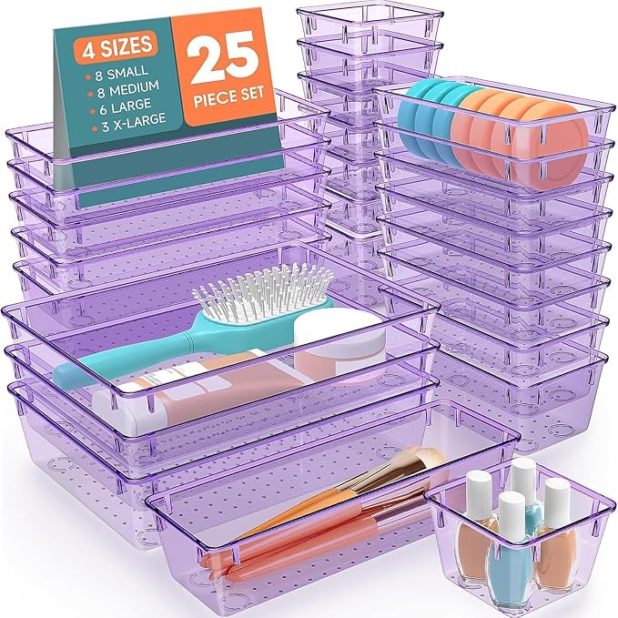 SpaceHacks 25 PCS Plastic Drawer Organizer, 4-Size Versatile Organizer Trays & storage Bins