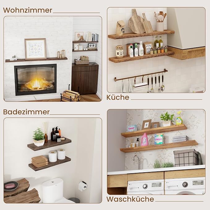Floating Shelves for Wall Decor, Rustic Solid Elm Wood Live Edge Floating Shelves Wall Mounted, Wall Shelves with Invisible Bracket for Living Room Bathroom Bedroom Kitchen, 16 Inch Set of 2, Natural
