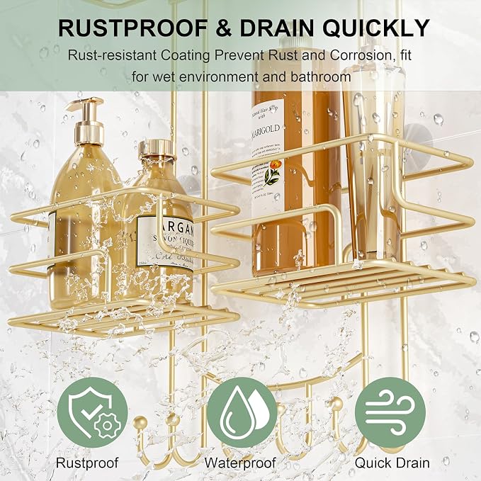 SRIWATANA Shower Caddy Hanging, Shower Organizer with Razor Hooks, Gold | Rustproof Shower Rack, No Drilling Shelves Over Shower Head, Anti-Swing Scution Install, Bathroom Holder for Sponge Loofah