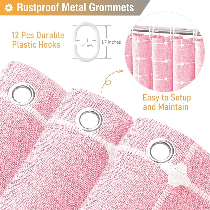 Pink Boho Farmhouse Linen Heavy Duty Fabric Shower Curtain Set, 72x72 | 330GSM Linen Blend, Classic Plaid, 3-side Tassels, Water Repellent Cloth, 12 Plastic Hook, Rustic Bohemian, Machine Washable