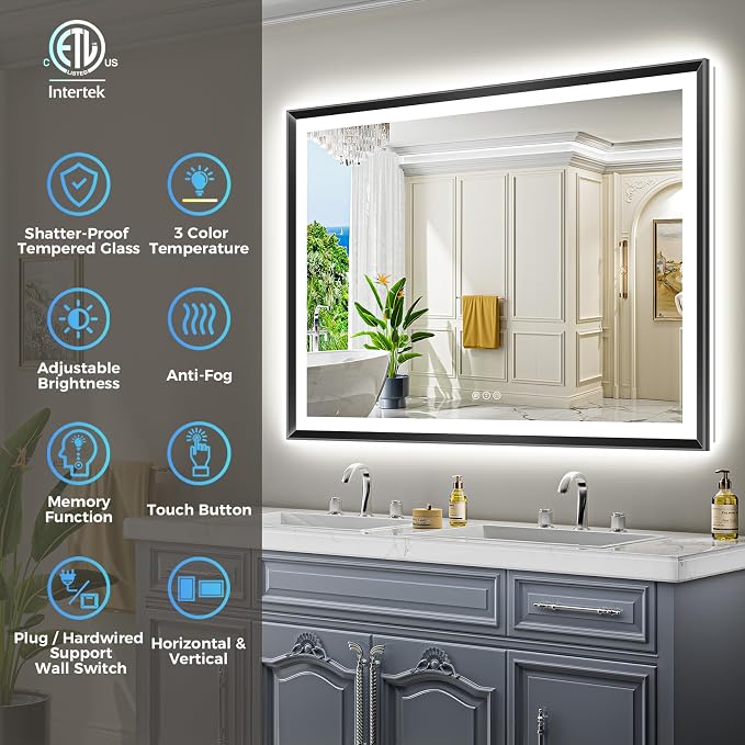48x36 LED Bathroom Mirror with Lights, Black Lighted Mirror | Backlit and Front light, Anti-Fog, 3 Color Dimmable, Memory, Tempered Glass, IP54 Waterproof, UL Listed