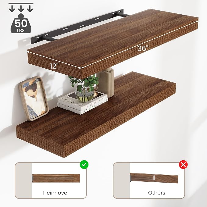 12 Inch Deep Floating Shelves for Wall, 36 Inch Wide Wall Shelves Set of 2, 2 Inch Thick Heavy Duty Invisible Wall Mounted Shelves for Kitchen Living Room,Walnut Color