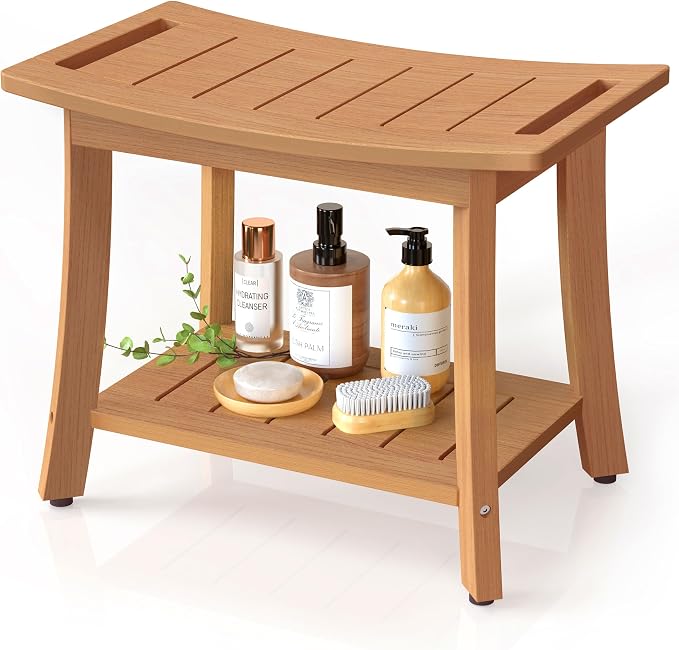 Waterproof HIPS Shower Bench for Inside Shower, Shower Stool, Brown | Ergonomic design, For seating and leg shaving, Wood-Look texture, Easy care, Storage shelf, Non-slip leveling feet, 400 lb
