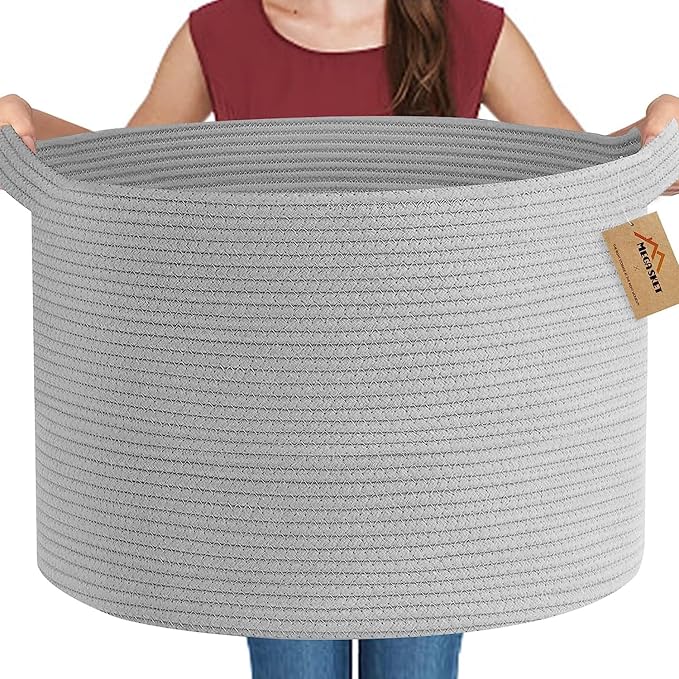 Extra Large Grey Storage Basket, 22" X 22" X 14" XXXL Blanket Basket for Living Room, Gray Wicker Woven Cotton Rope Baskets for Storage, Kids Toy Baskets Bins, Decorative Pillow Towel Basket