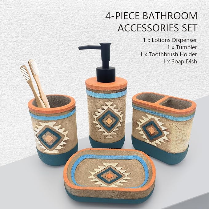 Bathroom Accessory Sets 4PCS Bathroom Accessories Set Complete Tribal Home Decor Southwest Pattern Shape Includes Lotion Dispenser Toothbrush Holder Tumbler Cup & Soal Dish