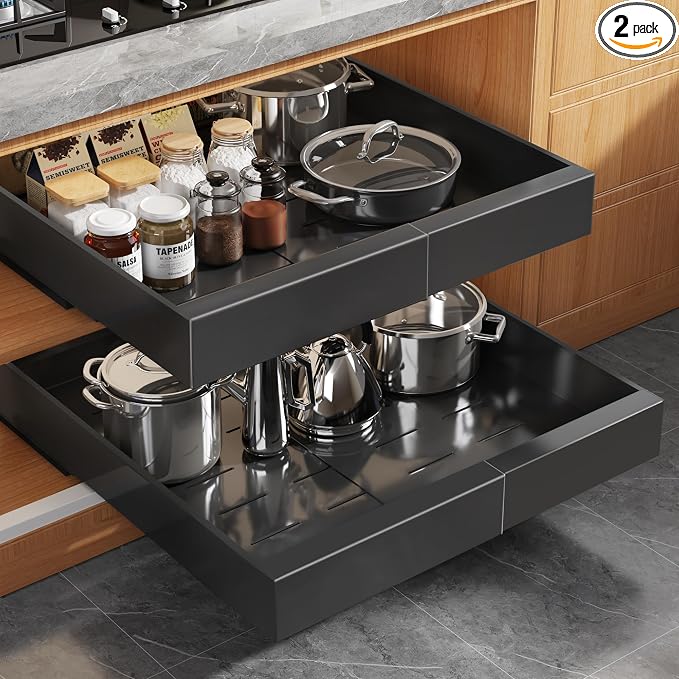 Seinloes 2Pack Expandable Pull Out Cabinet Organizer 21"Deep with Raising Pad for Framed Cabinets, Upgrade 3 Slide Rails Slide Out Drawers, Roll Out Shelves Adhesive,Adjustable Width 12.05"-20.4"Black