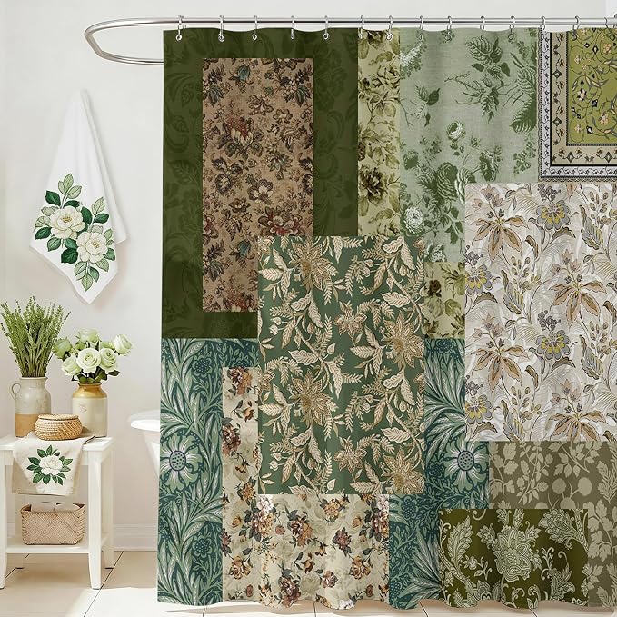 Mocsicka Vintage Boho Shower Curtain Green Retro Floral Shower Curtain for Boho Floral Bathroom Decor Waterproof Fabric Mid-Century Farmhouse Flowers Patchwork Bath Curtain, 72 X 72 Inch
