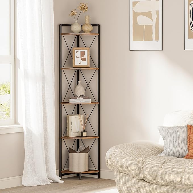 5 Tier Corner Shelf Stand, 64" H Tall Corner Bookshelf, Rustic Brown | Industrial Metal Corner Shelf for Living Room Decor, Plant Stand Display Shelf for Bedroom, Bathroom, Small Spaces
