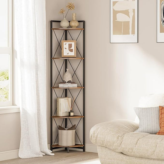 5 Tier Corner Shelf Stand, 64" H Tall Corner Bookshelf, Rustic Brown | Industrial Metal Corner Shelf for Living Room Decor, Plant Stand Display Shelf for Bedroom, Bathroom, Small Spaces
