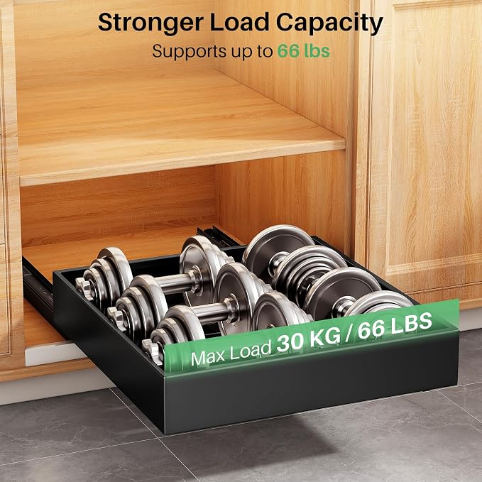 Kitstorack 2Pack Pull out Cabinet Organizer, 21" Deep, Heavy Duty Full-extension Slide out Drawers for Kitchen Cabinet, Roll out Shelf Storage with Nano Adhesive for Pots, Bathroom, Pantry,Home,Black