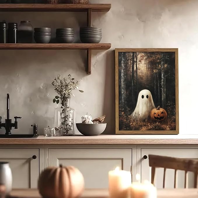 Framed Vintage Halloween Ghost Wall Art, Cute Ghost with Pumpkin Lantern Canvas Print, Retro Dark Halloween Forest Poster, Whimsical Wall Decor for Living Room Bedroom Hallway, 8x10in