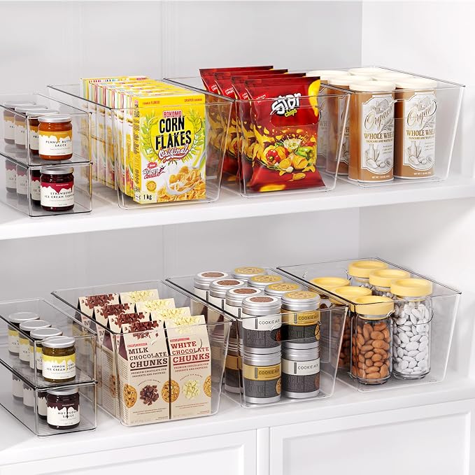 Set of 4 Pantry Organizers and Storage, Clear Plastic Bins(2L+2S) | BPA-free PETG storage containers with handles, Ideal for kitchen, fridge, bathroom, cabinet, office, and garage organization
