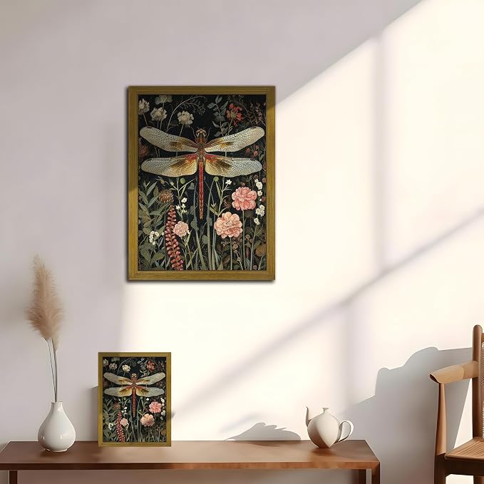 Framed Hand Drawn Sandstone Dragonfly Wall Art, Vintage 3D Textured Nature Botanical Wall Decor Pictures, Pink Flowers Print Painting for Living Room Kitchen Home Decor 16x24inch