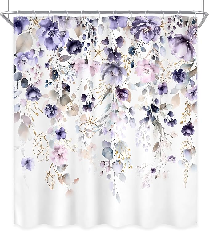 Floral Purple Pink Leaf Rustic Girly Bathroom Shower Curtain Set | 72"W x 78"L Flower Boho style, clear shower print, fast-dry fabric and hooks for a simple bath update.