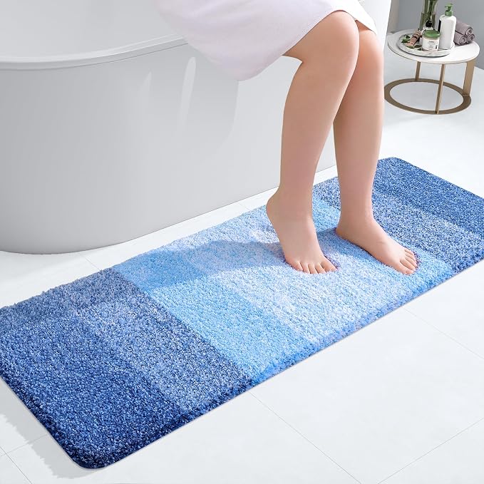 OLANLY Bathroom Runner Rug 47x17, Extra Soft Absorbent Microfiber Bath Rugs | Light Royal Blue, Non-Slip Quick-Drying Rubber Backing, Washable Long Bath Mat for Floor, Tub and Shower, Home Decor