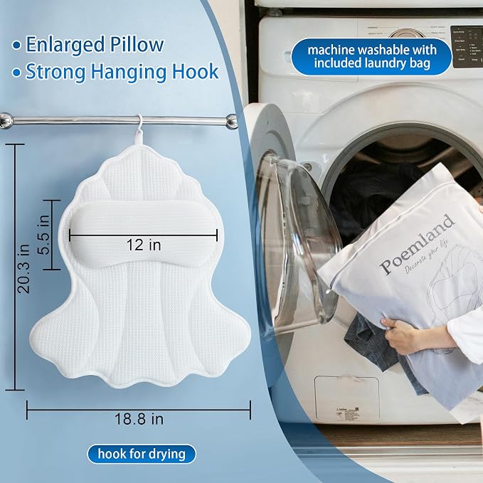 Poemland Bath Pillow for Tub, 4D Mesh with Ergonomic Head and Neck Support | Bathtub Pillow for Soaking tub with 6 suctions Cups,, for Relaxing Spa, White