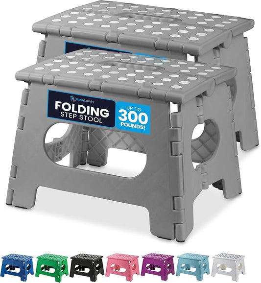 Handy Laundry Folding Step Stool 9 Inch 2-Pack, Grey, Holds 300 lbs | 2-Pack, 9 Inch, Grey, Foldable Collapsible Step Stool, Non-Slip, Holds 300 lbs, Kitchen Bathroom Bedroom, Adults