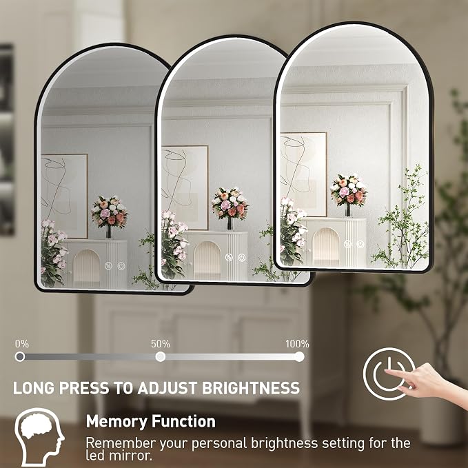 24X36 Inch Black Framed Arched LED Mirror for Bathroom with Lights | ETL Listed,Anti-Fog,3000K/4500K/6000K Dimmable,Horizontal & Vertical,Memory Function,Ideal for Bathroom Lighted,Vanity