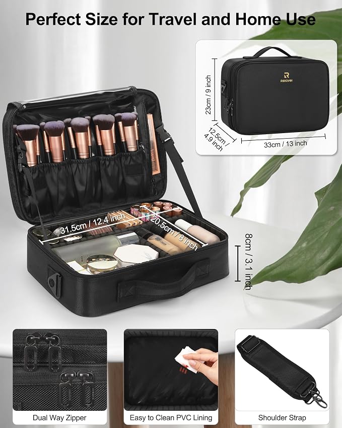 Relavel Makeup Bag Travel Train Case Cosmetic Organizer with Divider, Black | Large Storage Box with Adjustable Dividers and Brush Compartment for Cosmetics, Toiletries, Nail Polish, Jewelry, Electronic