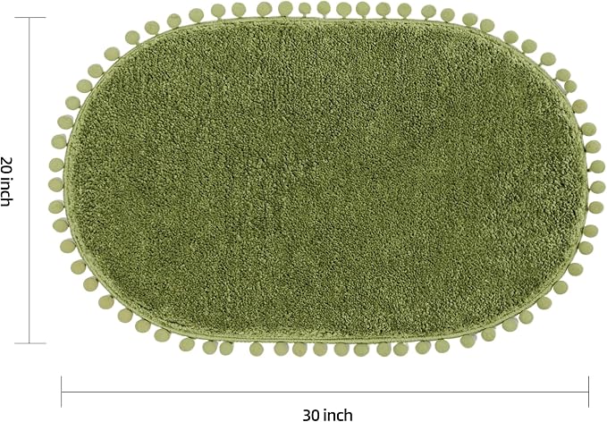 YIRDDEO Oval Rug for Bathroom, Boho Bath Mat with Pom, Olive Green, 36"x24" | Soft Plush, Absorbent, Quick Dry, Machine Washable, Non Slip Bath Mat for Bathroom Shower Floor Home Decor