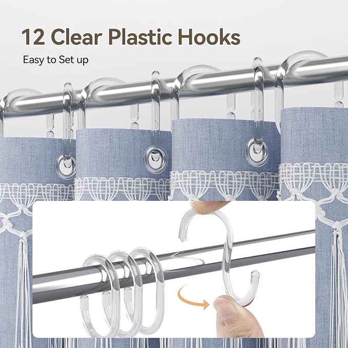 AmazerBath Blue Boho Shower Curtains for Bathroom, Farmhouse Shower Curtain with Top Tassels, Blue Shower Curtain Set, Faux Linen Fabric Shower Curtain with 12 Hooks, Hotel Quality, 72x72 Inches