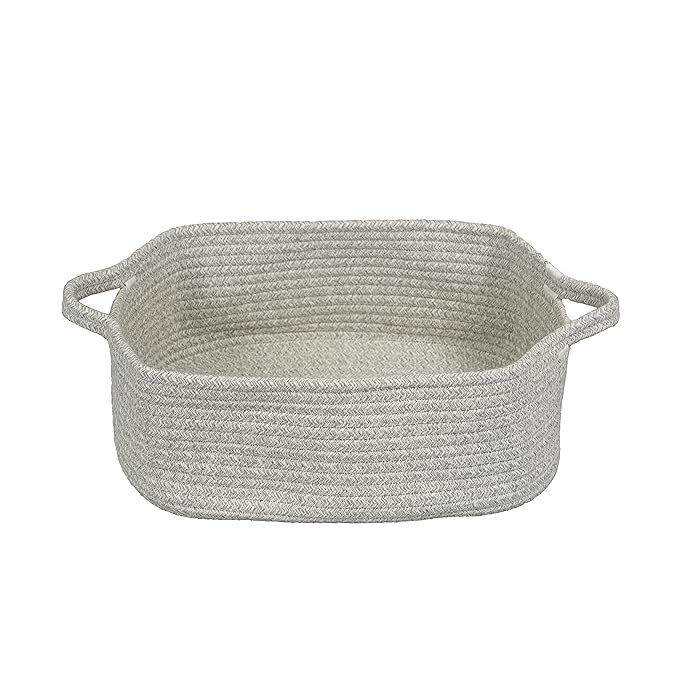 XUANGUO Medium Woven Cotton Rope Storage Basket with Handles, Light Grey | Small decorative rectangle storage bin for baby nursery items and cat toys; ideal as an empty gift basket or dog toy basket
